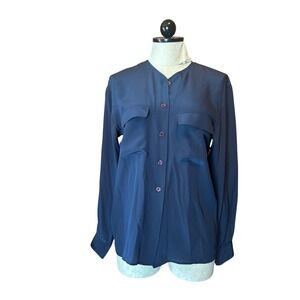 Jones New York Navy Blue 100% Silk Button Down Blouse Long Sleeve Womens‎ Size 4